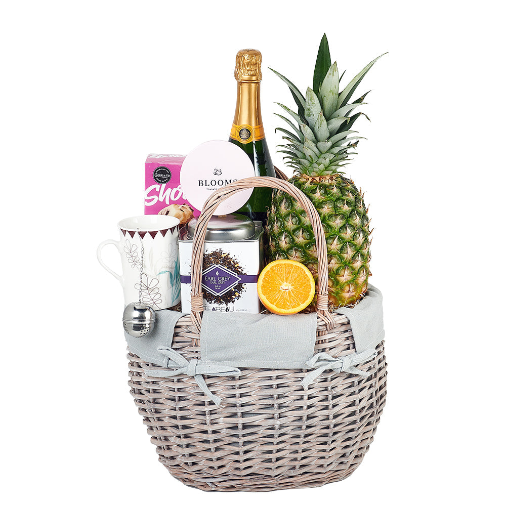Sparkling Wine Celebration Basket with Gourmet Chocolates and Tea – how the gift is presented