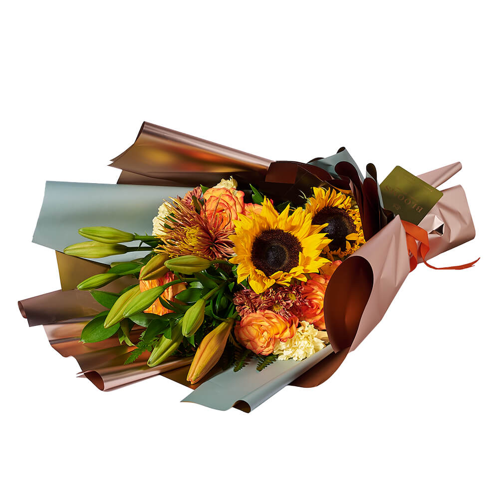 Autumn Harvest Sunflower and Rose Bouquet – how the gift is presented