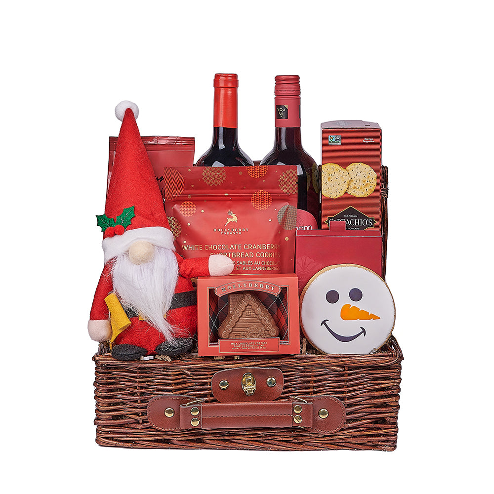 Double Bottle Wine Gift Basket with Holiday Sweets in Wicker Picnic Basket – how the gift is presented