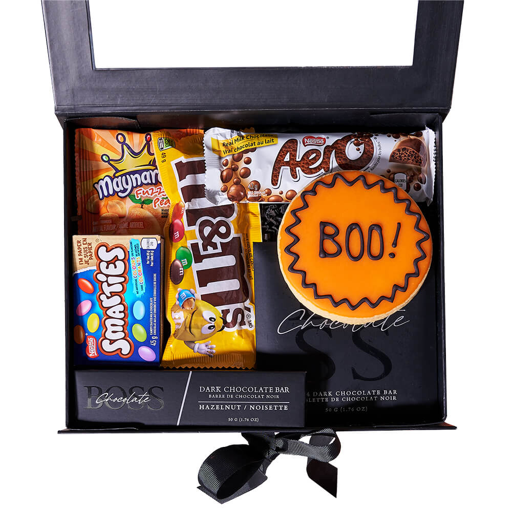 Stylish Black Gift Box with Halloween Chocolates β how the gift is presented