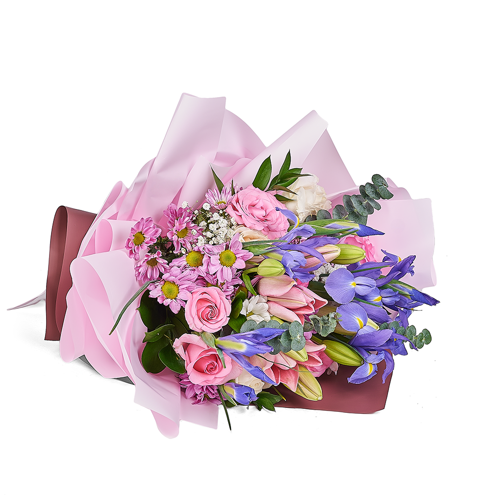 Purple Iris and Lily Bouquet in Floral Wrap with Baby's Breath – how the gift is presented