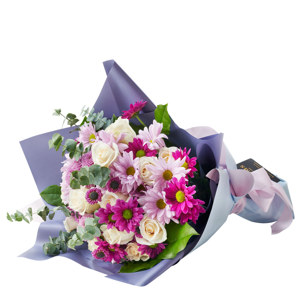 Mixed lavender floral gift set with chocolates. Blooms America Delivery.
