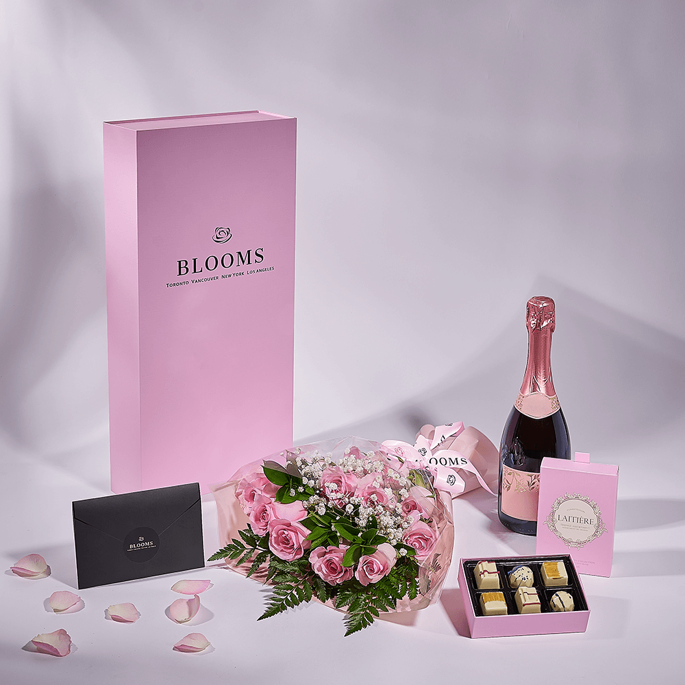 Mother's Day Dozen Pink Rose Bouquet with Box, Champagne, & Chocolate, champagne gift, champagne, sparkling wine gift, sparkling wine, mothers day gift, mothers day, America delivery