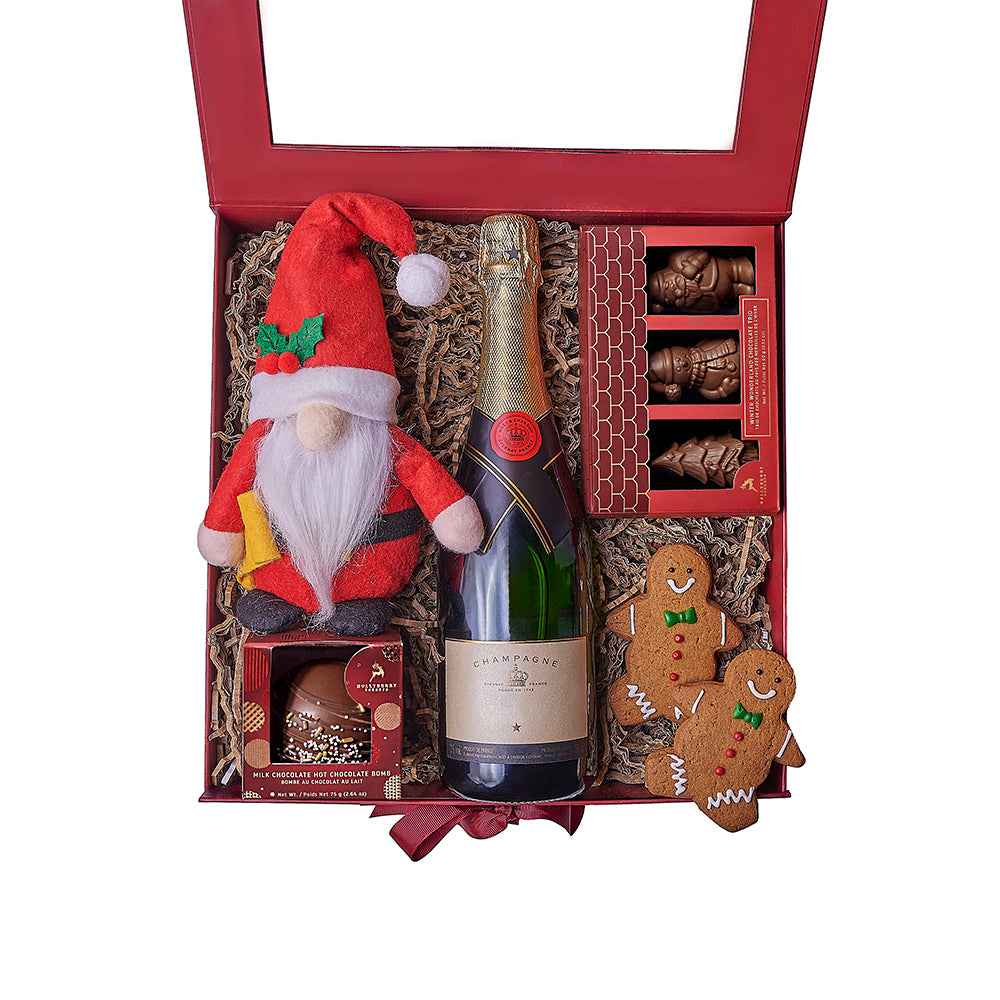 Festive Sparkling Wine Gift with Holiday Chocolates and Santa Figure – how the gift is presented