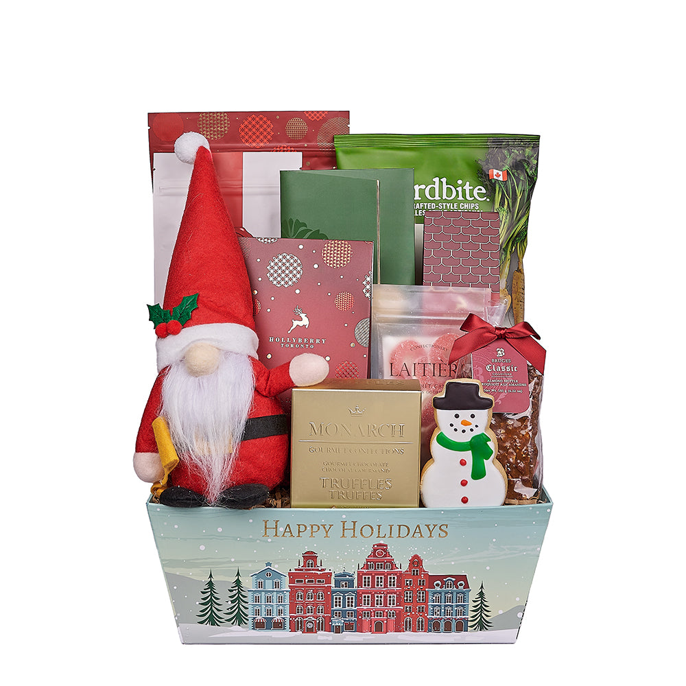 Festive Holiday Market Tray with Gourmet Snacks and Plush Santa – how the gift is presented