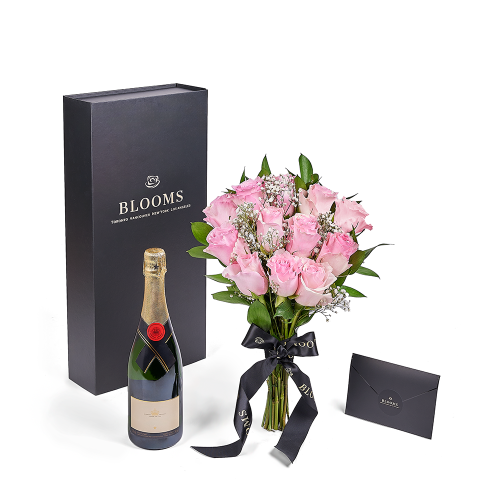 Valentine's Day Bouquet of 12 Pink Roses with Sparkling Wine in Black Box – how the gift is presented
