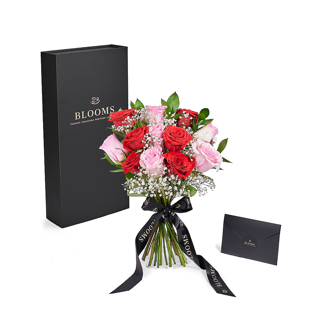 Mixed Red & Pink Roses Bouquet Tied with Designer Ribbon for Valentine's Day – how the gift is presented