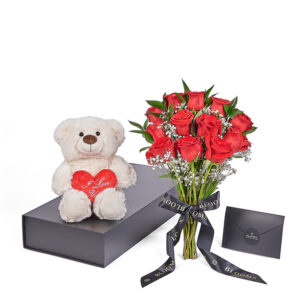 Rose Gifts | Valentines Day 12 Stem Red Rose Bouquet With Box & Bear - America Delivery - America Blooms Rose Gifts | Valentines Day 12 Stem Red Rose Bouquet With Box & Bear - America Delivery - America Blooms