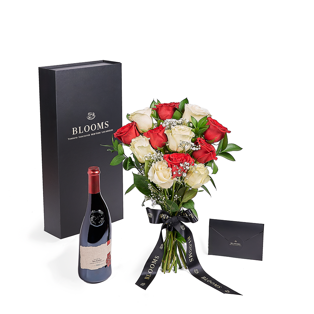 Valentine's Day Black Designer Box Bouquet with Red & White Roses and Wine – how the gift is presented