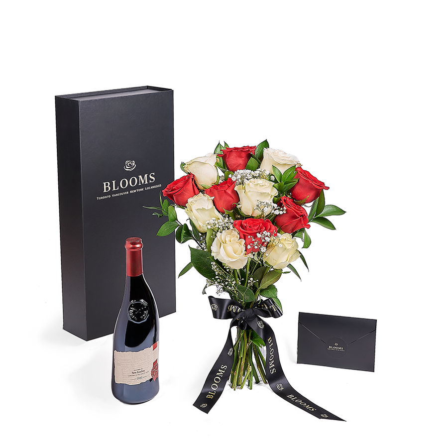 Valentine’s Day 12 Stem Red & White Rose Bouquet With Box & Wine, Valentine's Day gifts, roses, wine gifts, America Blooms Flower Delivery