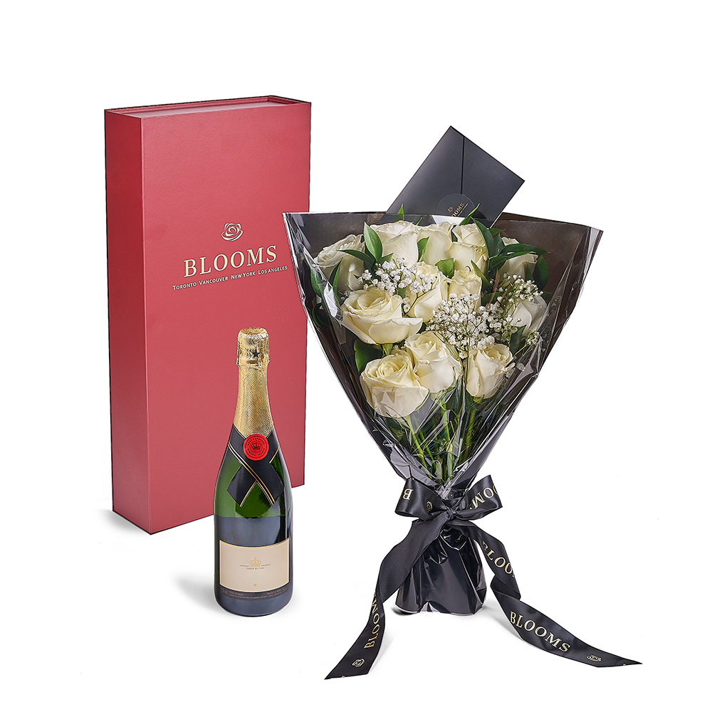Valentine's Day 12 Stem White Rose Bouquet With Box & Champagne, Valentine's Day gifts, America Flower Delivery, roses, champagne gifts. America Blooms Delivery