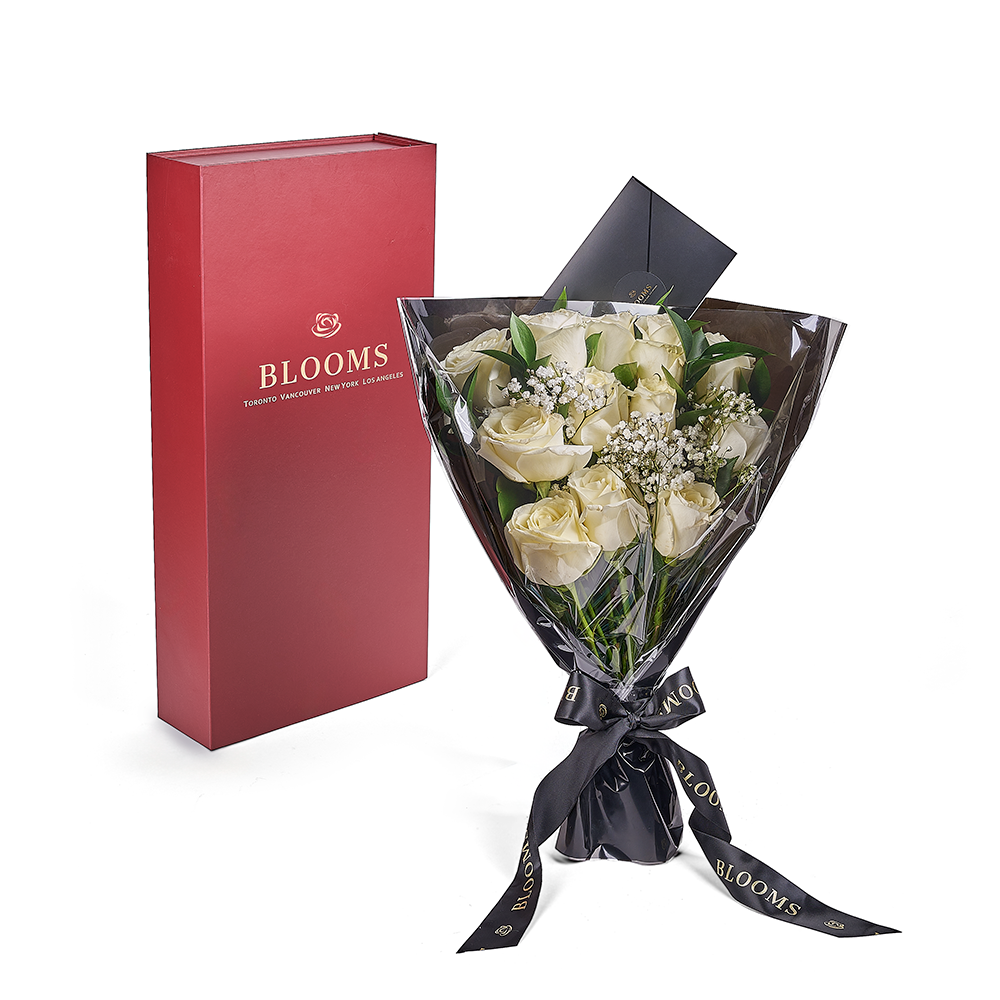 Valentine's Day 12 Stem White Rose Bouquet With Designer Box, Blooms America Flower Delivery, Valentine's Day gifts, roses. Blooms America Delivery