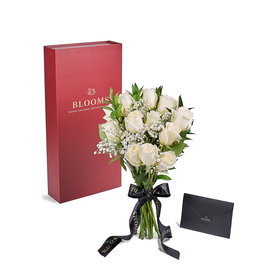 Valentine's Day 12 Stem White Rose Bouquet With Designer Box, Blooms America Flower Delivery, Valentine's Day gifts, roses. Blooms America Delivery