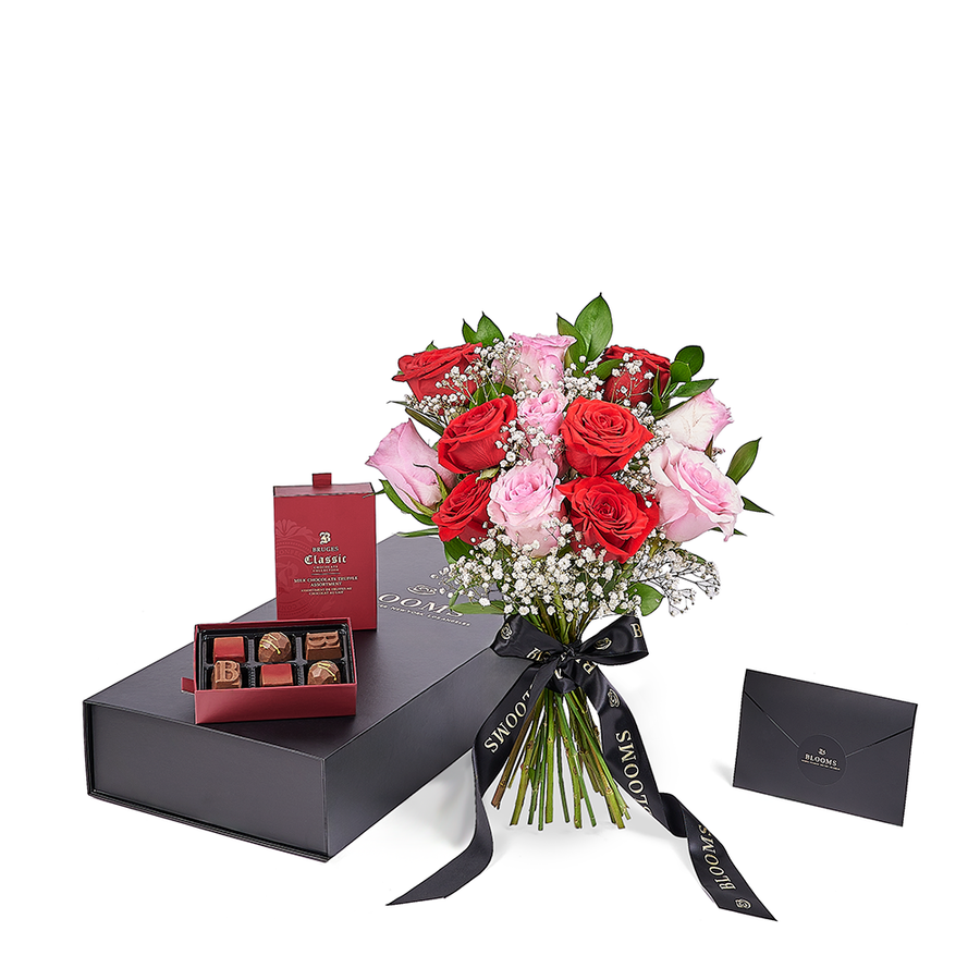Valentine’s Day Dozen Red & Pink Rose Bouquet With Box & Chocolate, America Flower Delivery, Valentine's Day gifts. America Blooms Delivery
