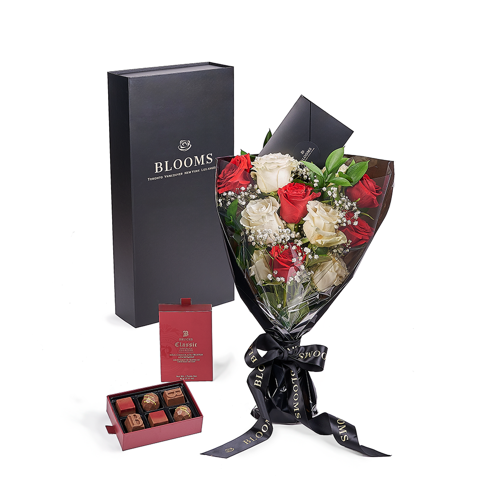 Valentine’s Day Dozen Red & White Rose Bouquet With Box & Chocolate, Valentine's Day gifts, America Blooms Flower Delivery, roses