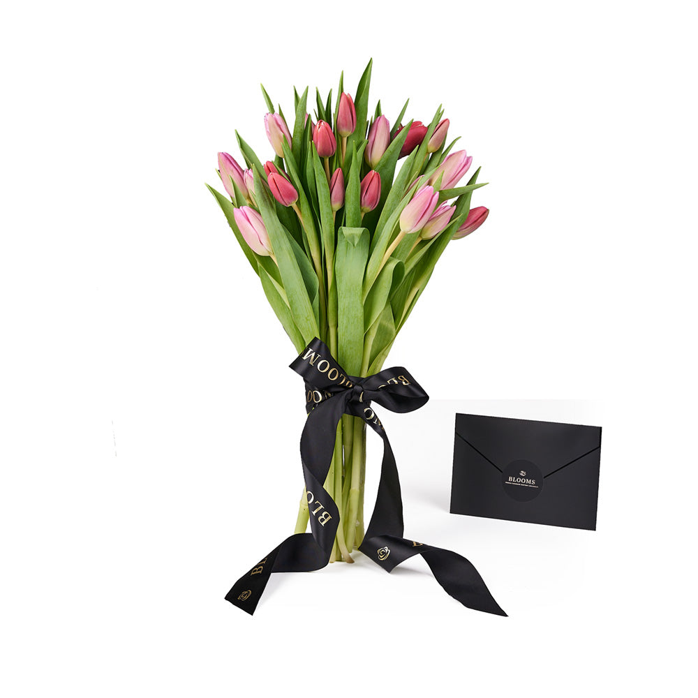 Seasonal Tulip Bouquet with Designer Ribbon for Valentine's Day – how the gift is presented