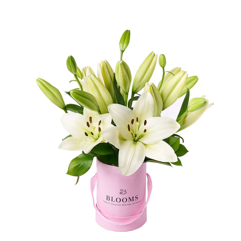 Gourmet White Lilies Floral Gift in Elegant Pink Hat Box – how the gift is presented