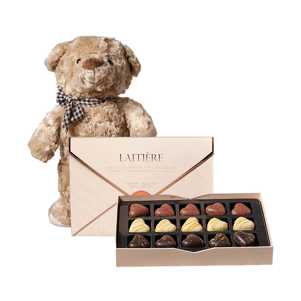 Love Letter Box of Laitière Truffles with Plush Teddy Bear – how the gift is presented