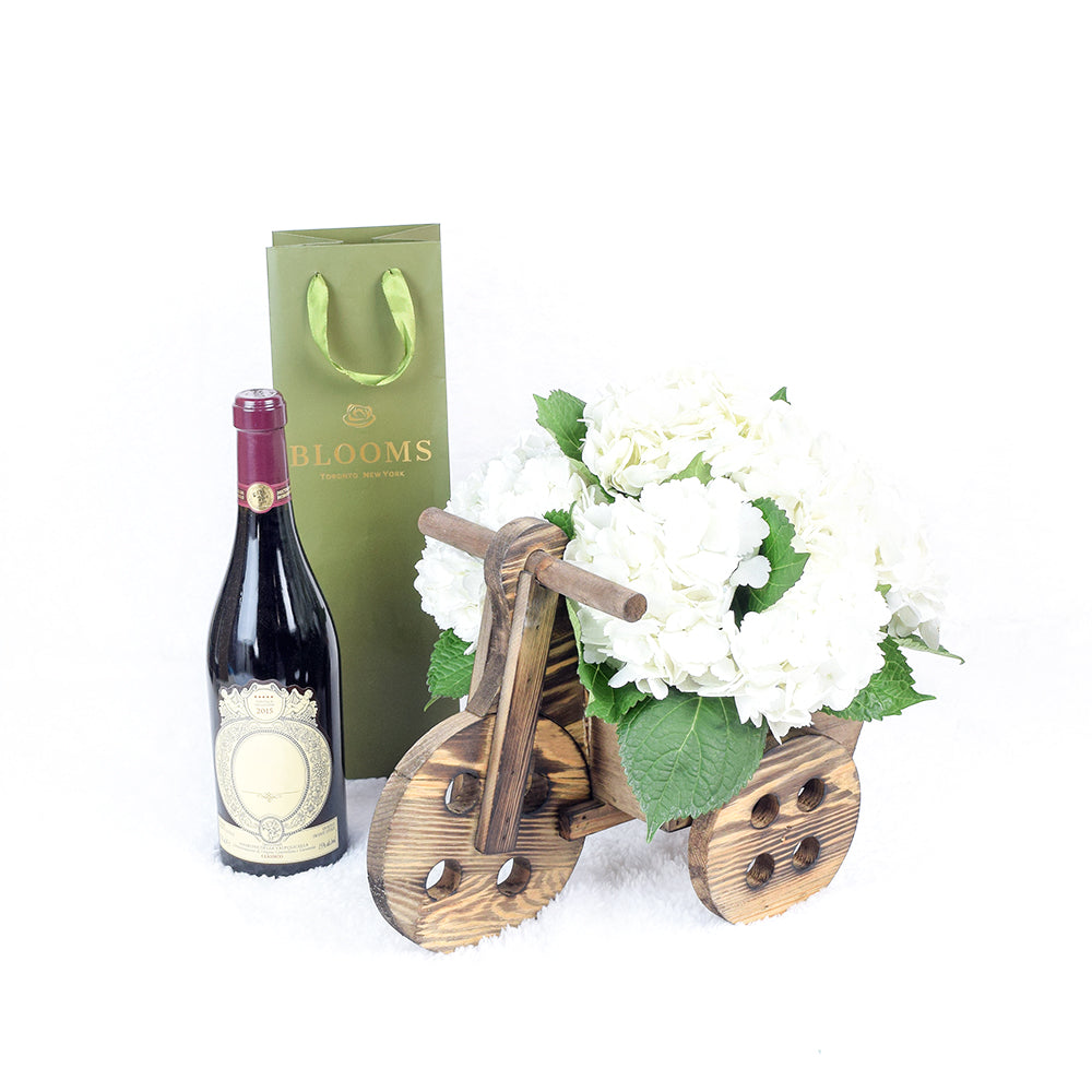 Classic White Hydrangea Floral and Red Wine Gift Basket – how the gift is presented