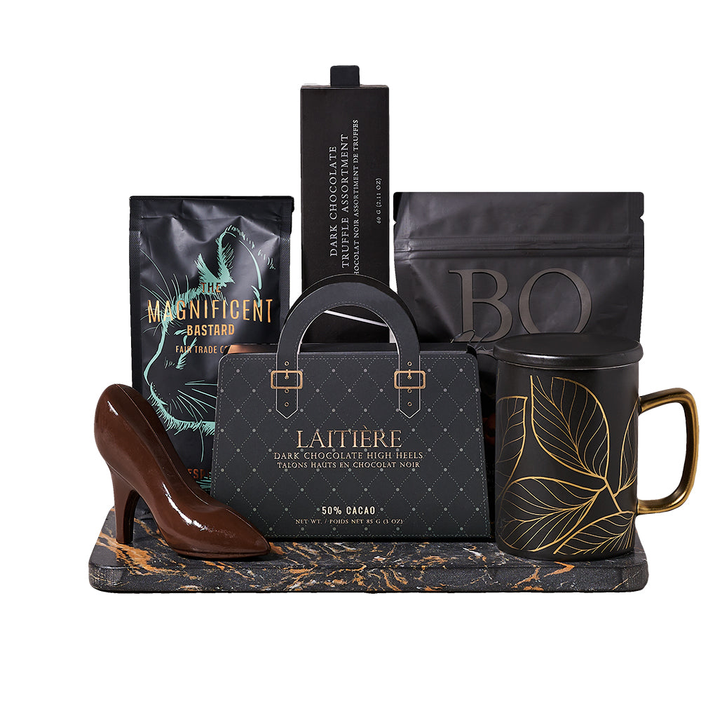 Deluxe Gourmet Gift with Dark Chocolate and Coffee Set – how the gift is presented