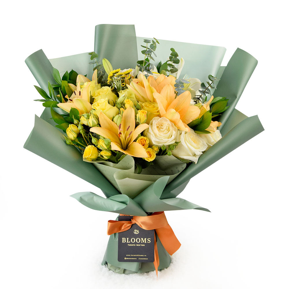 Floral Sunrise Mixed Bouquet & Champagne, Mixed flower bouquet and Champagne from America Blooms - America Delivery.