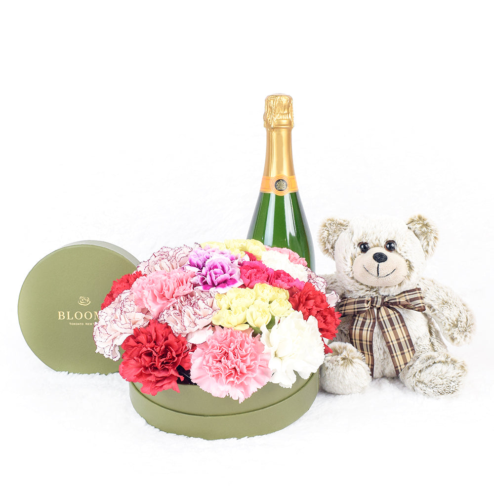 Signature Sparkling Wine Gift Basket with Mini Carnations and Chocolate Truffles – how the gift is presented