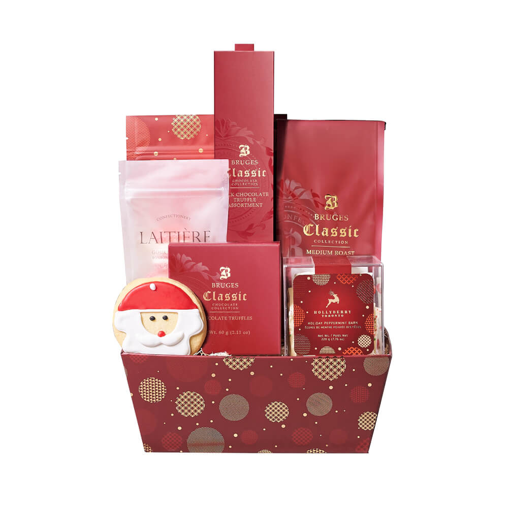 Festive Holiday Gourmet Gift Tray with Assorted Chocolates and Coffee – how the gift is presented