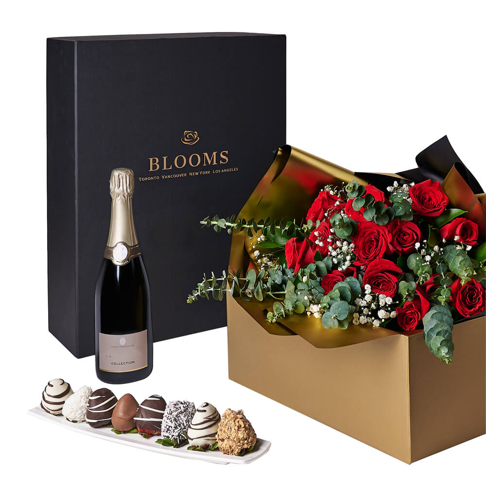 A Dozen Red Roses in a Sleek Black Box with Sparkling Wine – how the gift is presented