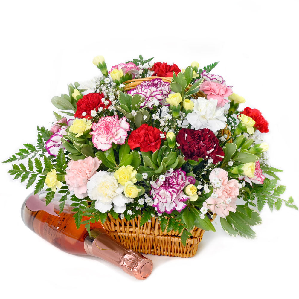 Classic Wicker Basket Sparkling Wine and Carnation Arrangement Gift – how the gift is presented