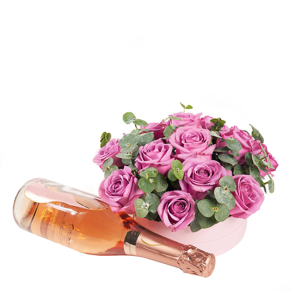 Gourmet Sparkling Wine and Floral Arrangement in Pink Hat Box Gift – how the gift is presented