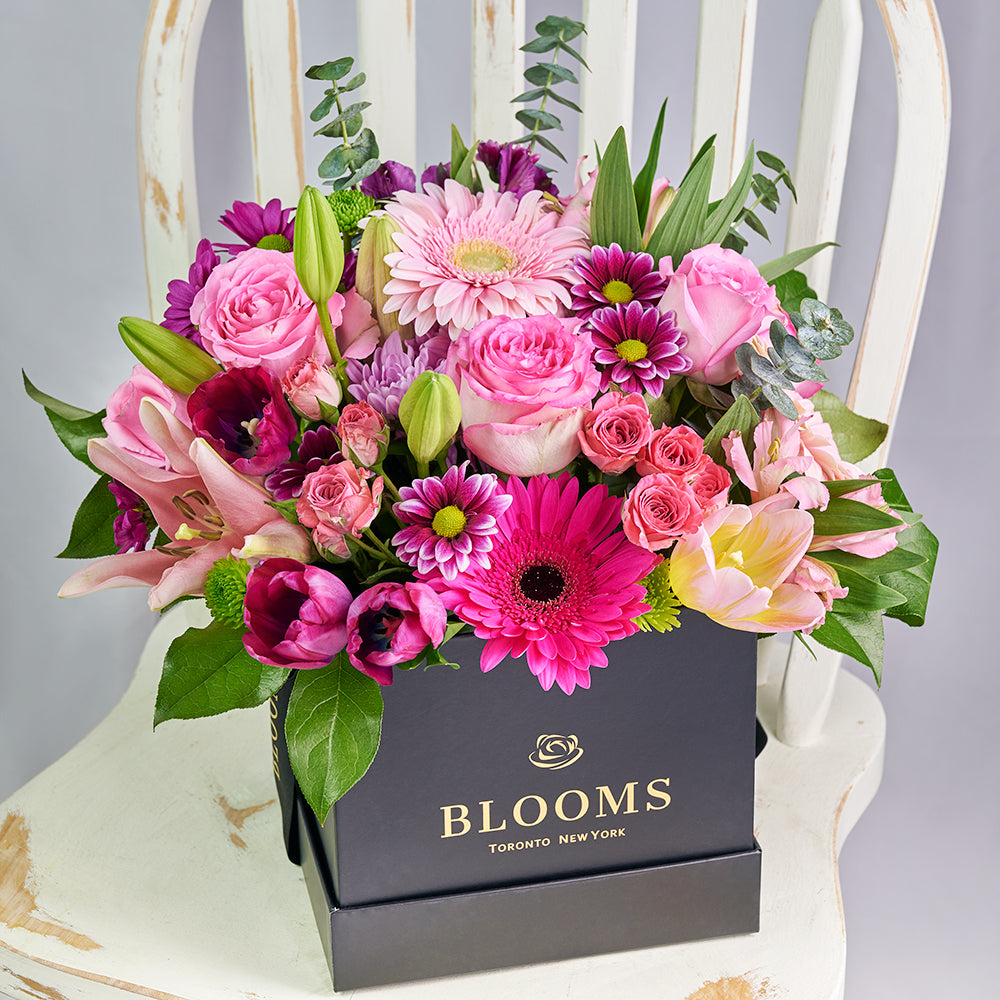 Premium Pink Floral Arrangement Gourmet Gift for Mom – how the gift is presented