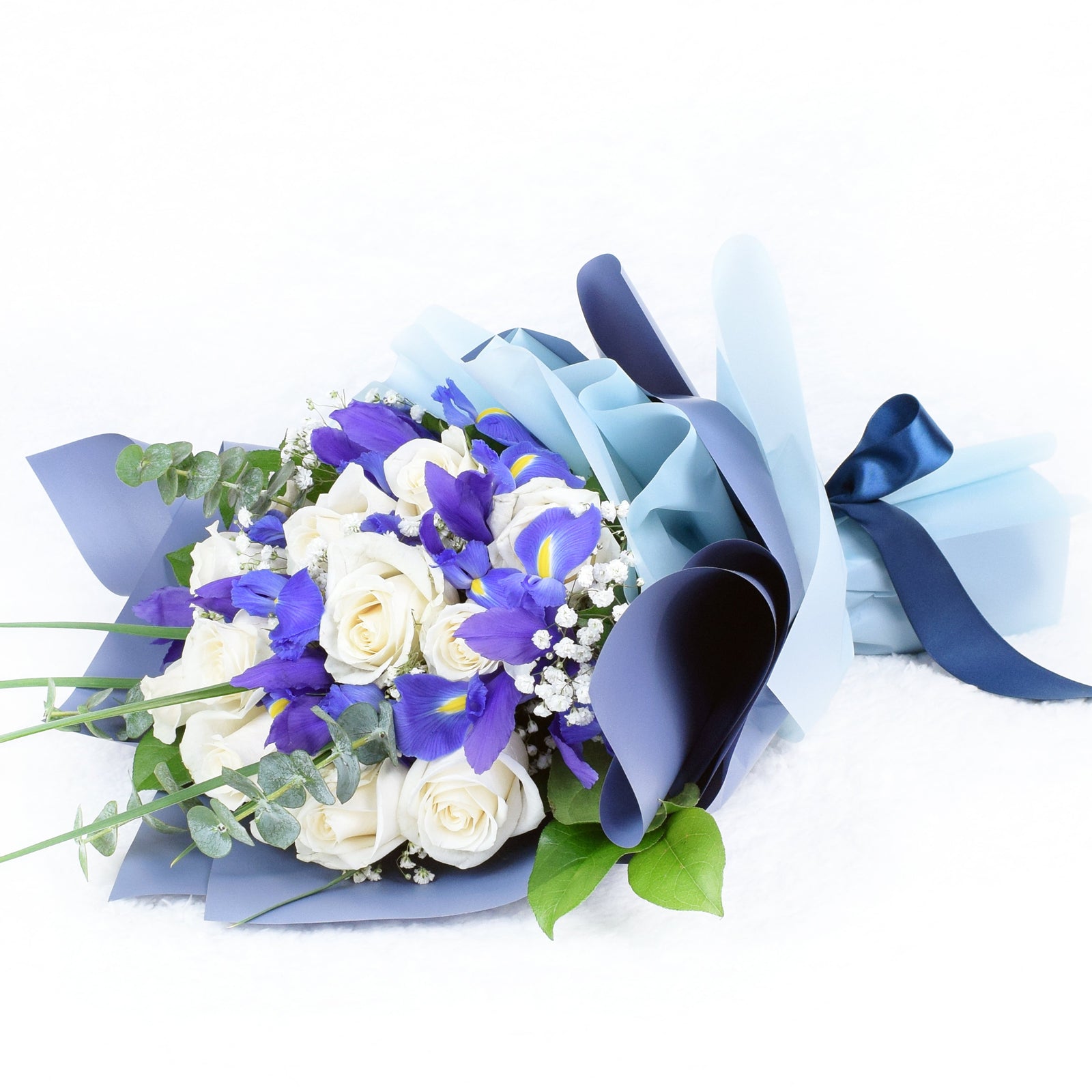 Muted Grace Mixed Floral Bouquet - White Roses and Iris. America Blooms- America Blooms Delivery