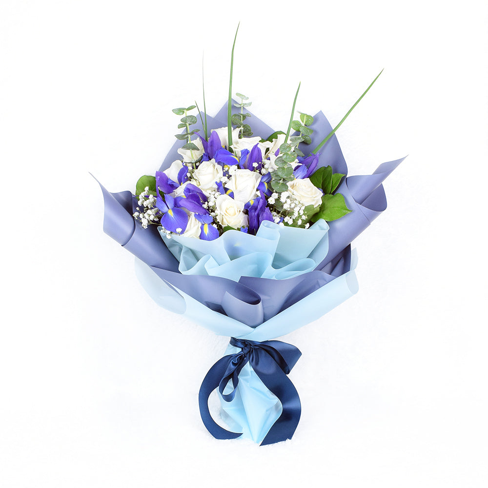 Muted Grace Mixed Floral Bouquet - White Roses and Iris. Blooms America Delivery