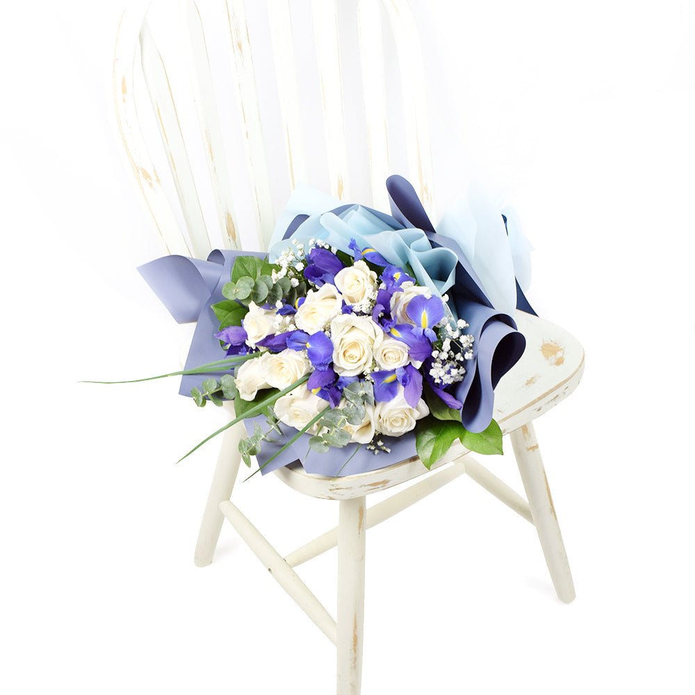 Muted Grace Mixed Floral Bouquet - White Roses and Iris. Blooms America Delivery
