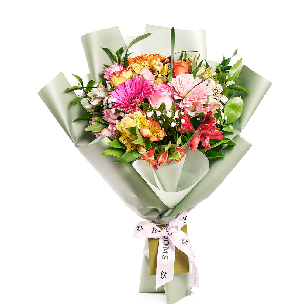 Hand-Tied Alstroemeria and Rose Floral Wrap Bouquet – how the gift is presented