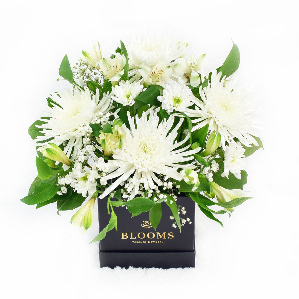 White floral mixed hat box arrangement. America Blooms- America Blooms Delivery.