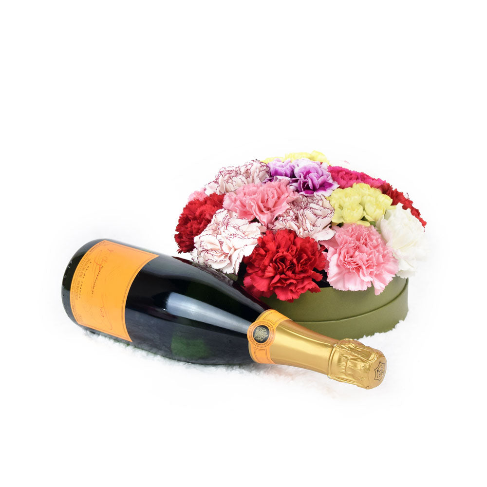 Mixed Carnation Box Arrangement With Champagne - Wine Gift - Blooms America Delivery
