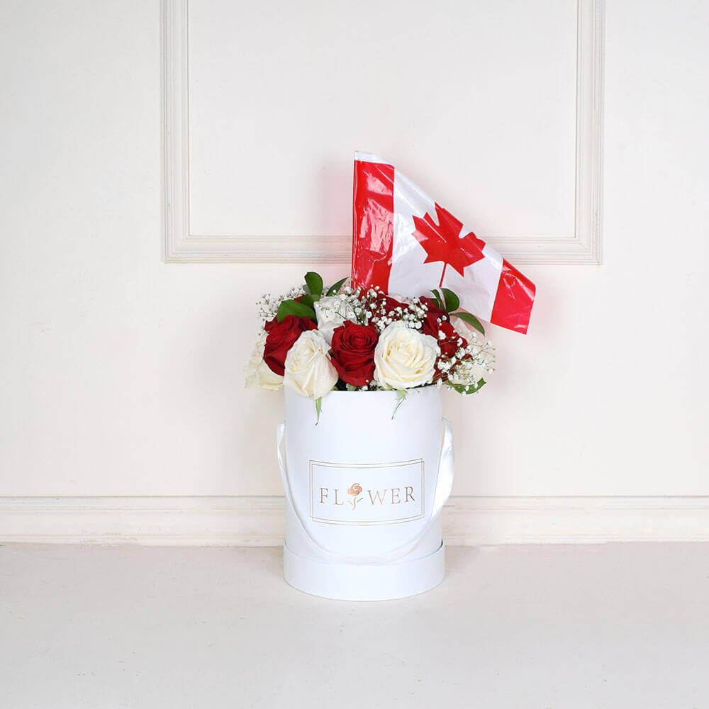 Elegant Red and White Rose Bouquet in Stylized Box – how the gift is presented