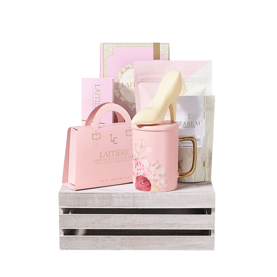 Perfect Pink Chocolate & Tea Crate, chocolate gift, chocolate, gourmet gift, gourmet, macaron gift, macaron, tea gift, tea. America Blooms Delivery