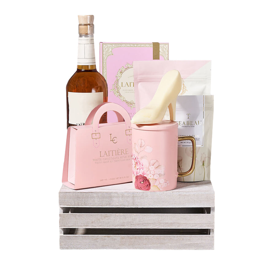 Liquor & Perfect Pink Chocolate Crate, liquor gift, liquor, chocolate gift, chocolate, tea gift, tea. America Blooms Delivery
