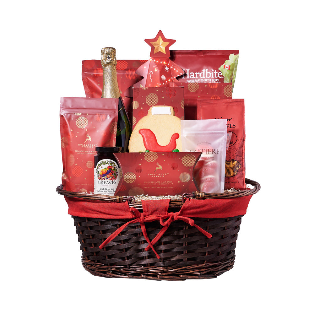 Gourmet Christmas Goodies Champagne Gift Basket, chocolate, champagne, champagne gift basket, gift basket, basket, gift, goodies, christmas, holiday, pretzel, popcorn, chips, shortbread, cookies, delivery, America Blooms- America Blooms Delivery