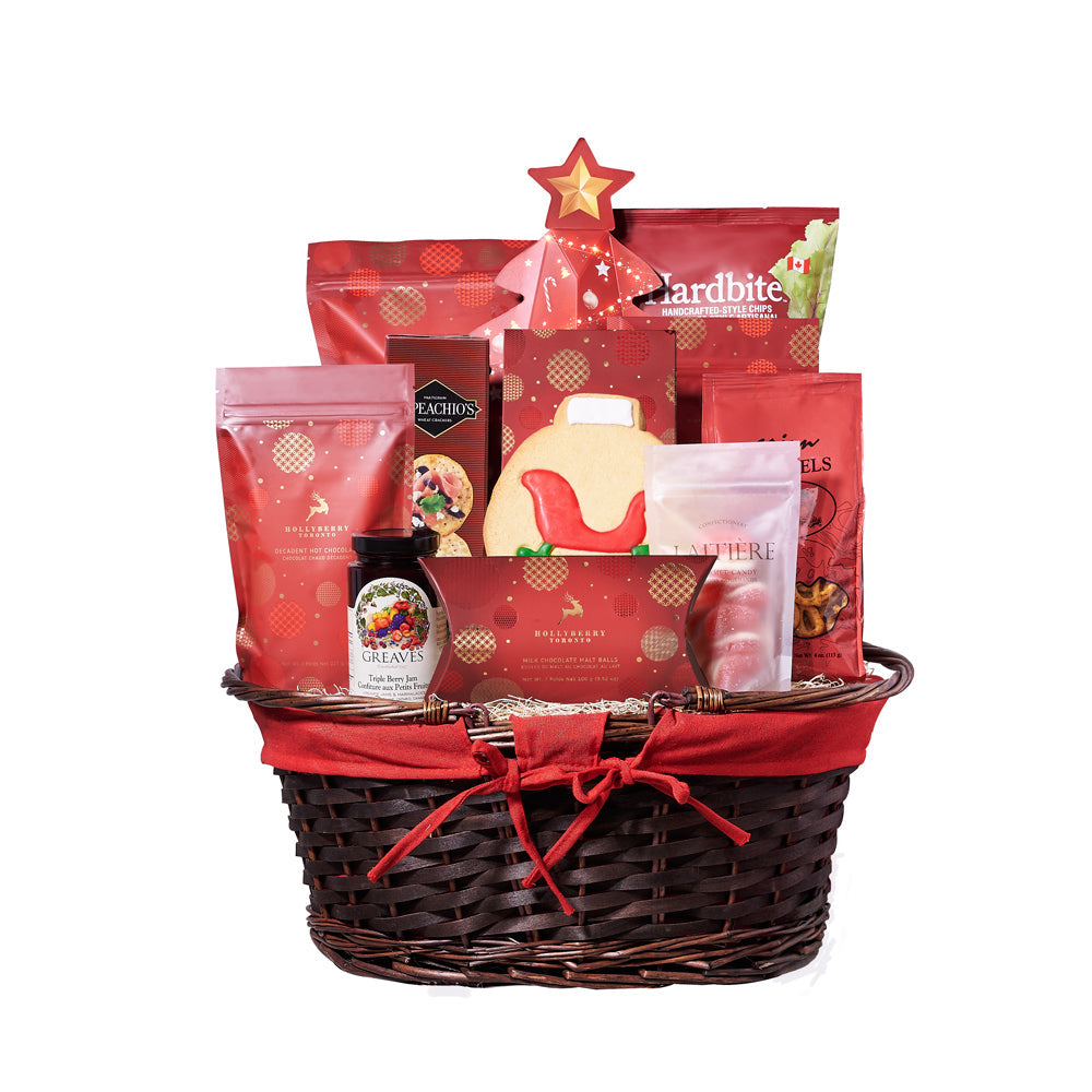 Christmas Delights Gift Basket, Christmas Gift Baskets, Gourmet Gift Baskets, Chocolate Gift Baskets, Xmas Gift Baskets, Chocolates, Chips, Crackers, Popcorn, Candy, Jam, Pretzels, America Delivery
