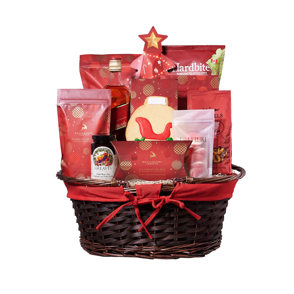 Oval Whiskey and Gourmet Basket – how the gift is presented