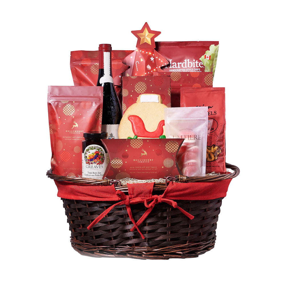 Christmas Delights Wine Gift Basket, Wine Gift Baskets, Gourmet Gift Baskets, Chocolate Gift Baskets, Xmas Gifts, Wine, Cookies, Pretzels, Chocolates, Jam, Popcorn, Chips, Christmas Gift Baskets, – America delivery