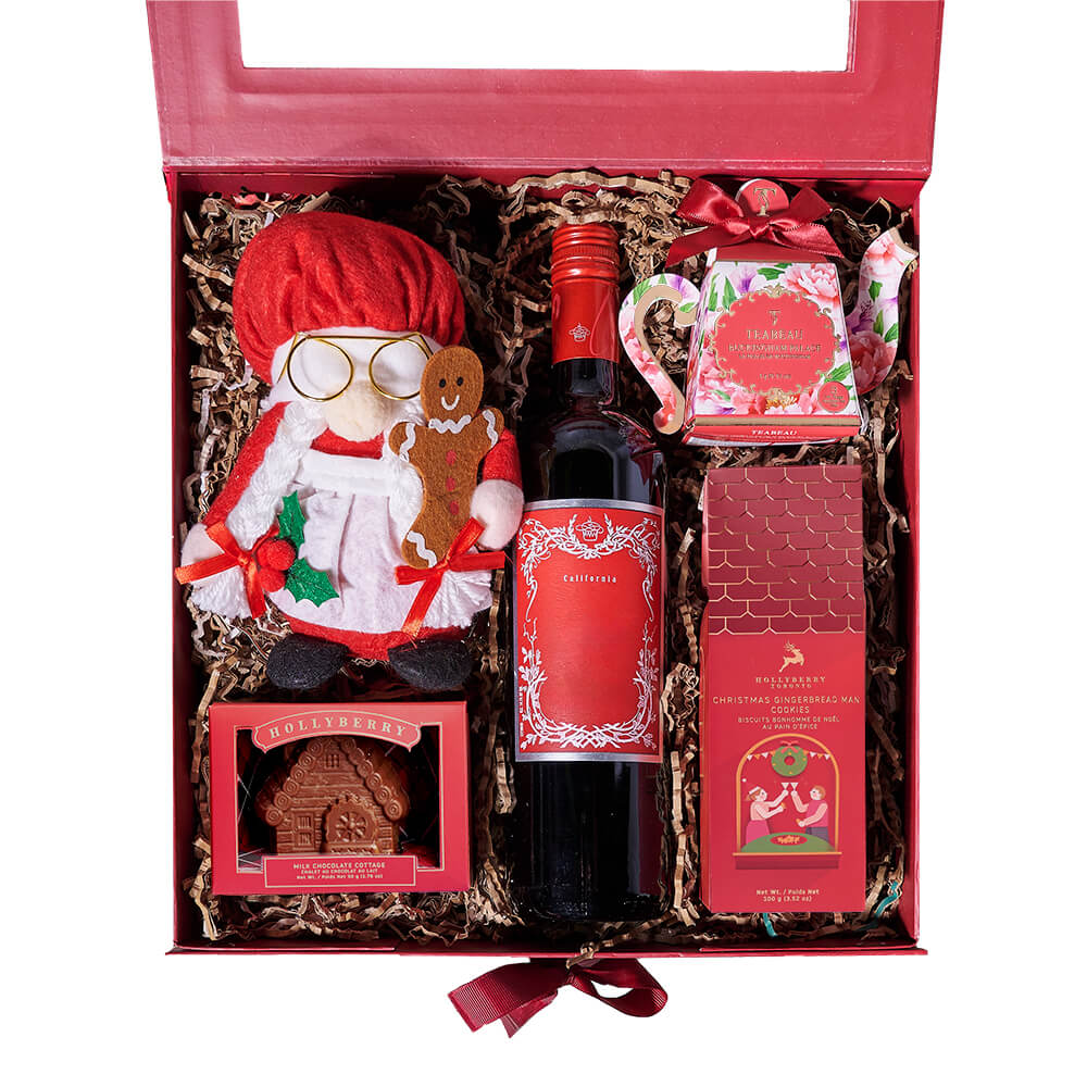 Christmas Wine & Mrs. Claus Gift Box, christmas gift, christmas, holiday gift, holiday, wine gift, wine, gourmet gift, gourmet. America Blooms- America Blooms Delivery