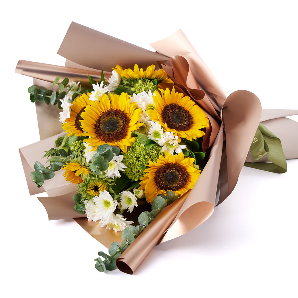 Fresh Sunflower and Eucalyptus Floral Wrap Bouquet – how the gift is presented