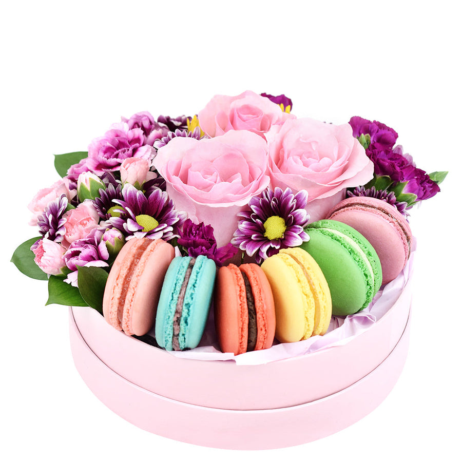 French Soirée Floral Gourmet Box Set - Macaron Hat Box Gift Set - America Blooms Delivery