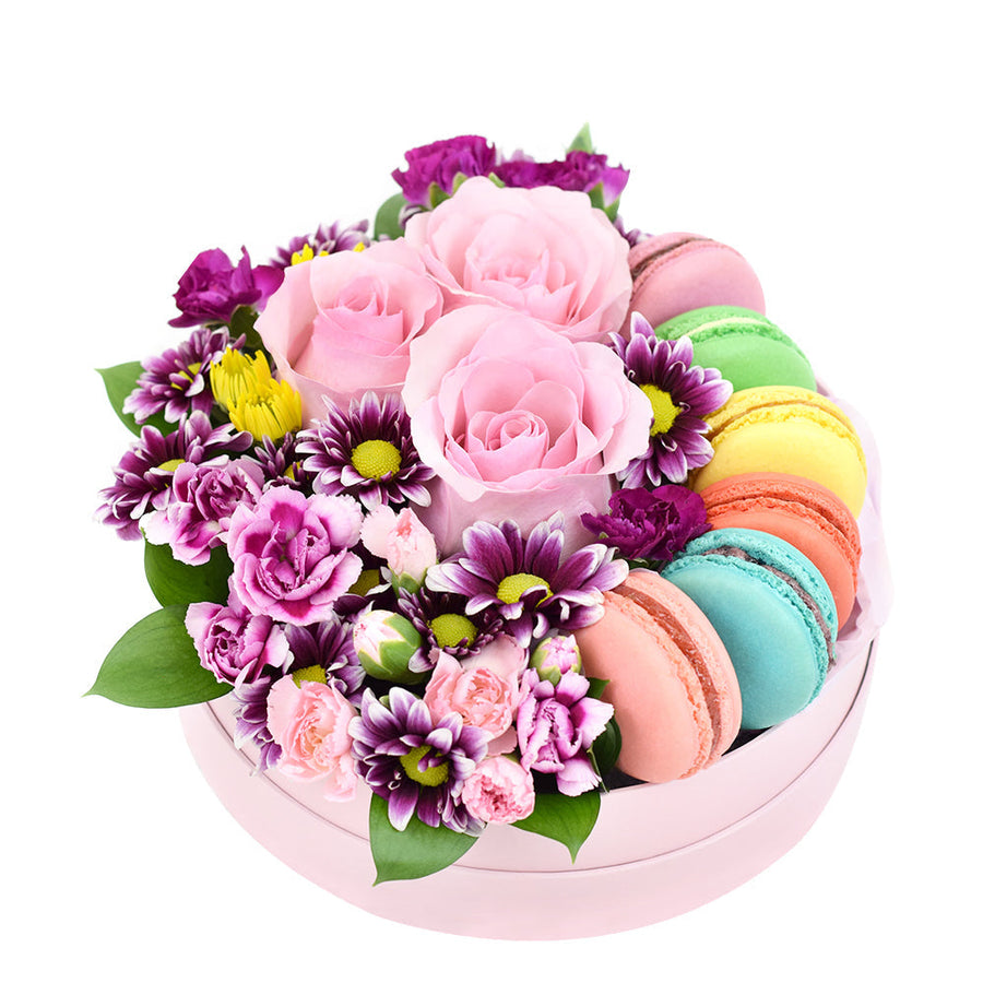 French Soirée Floral Gourmet Box Set - Macaron Hat Box Gift Set - America Blooms Delivery