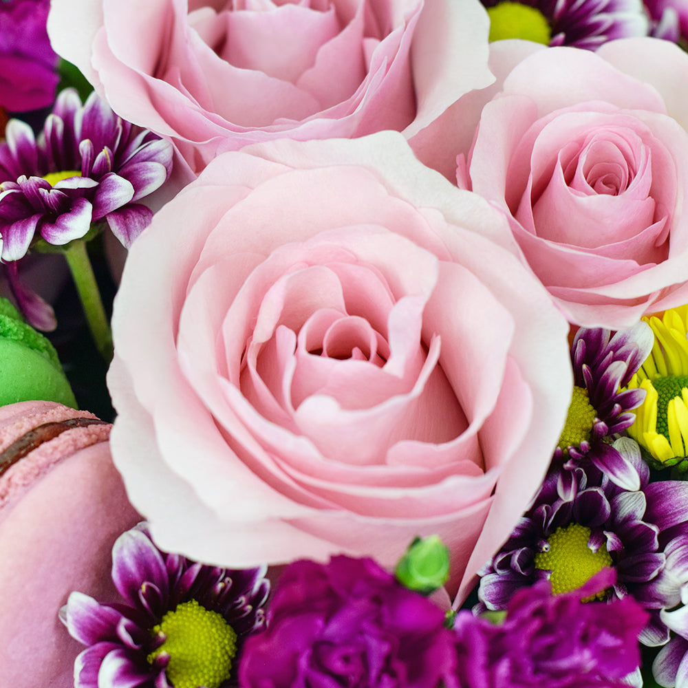 French Soirée Floral Gourmet Box Set - Macaron Hat Box Gift Set -Blooms America Delivery