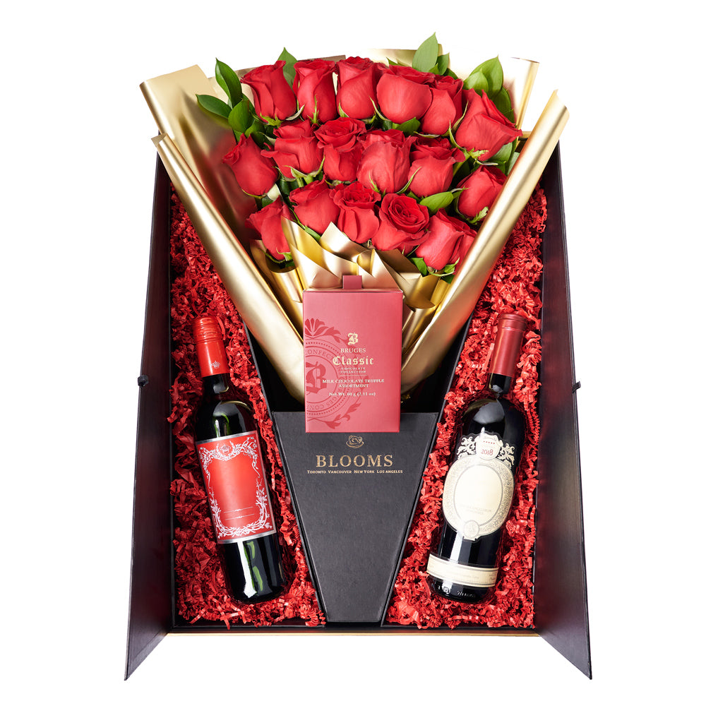 Grand Red Rose Gift With Chocolate & Wine, wine gift, wine, gourmet gift, gourmet, rose gift, rose, chocolate gift, chocolate. America Blooms- America Blooms Delivery